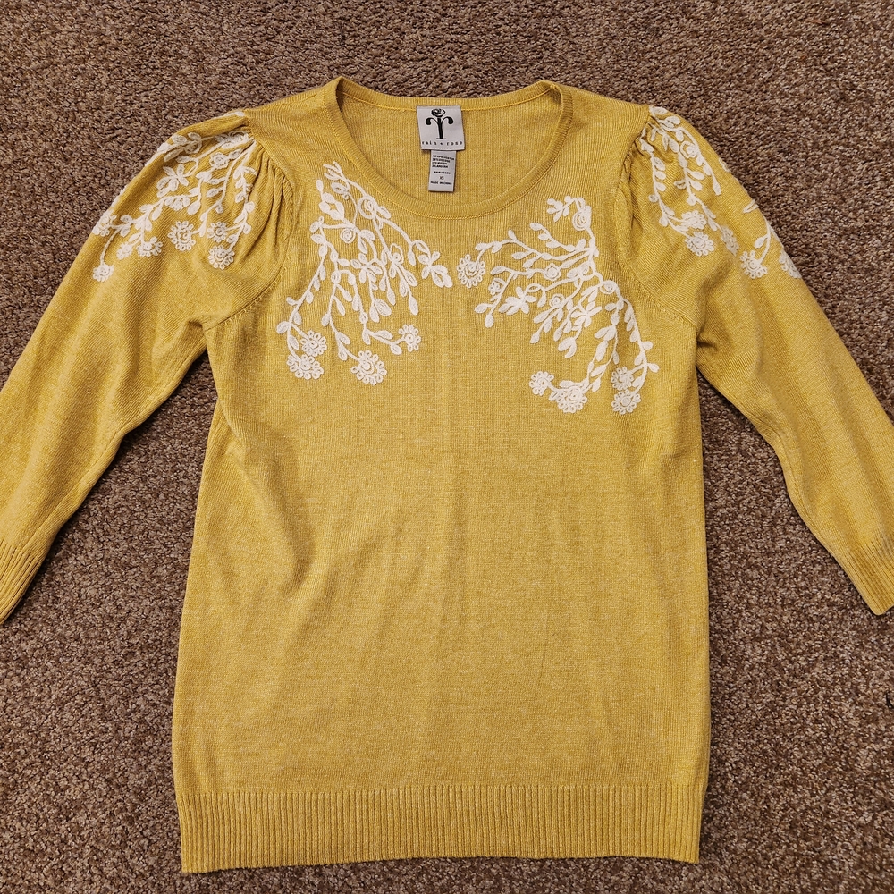 Rain + Rose Yellow Women's Lightweight Sweater with White Embroidery